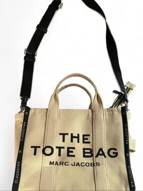 Marc Jacobs Beige Canvas Jacquard Messenger Tote with Black Strap